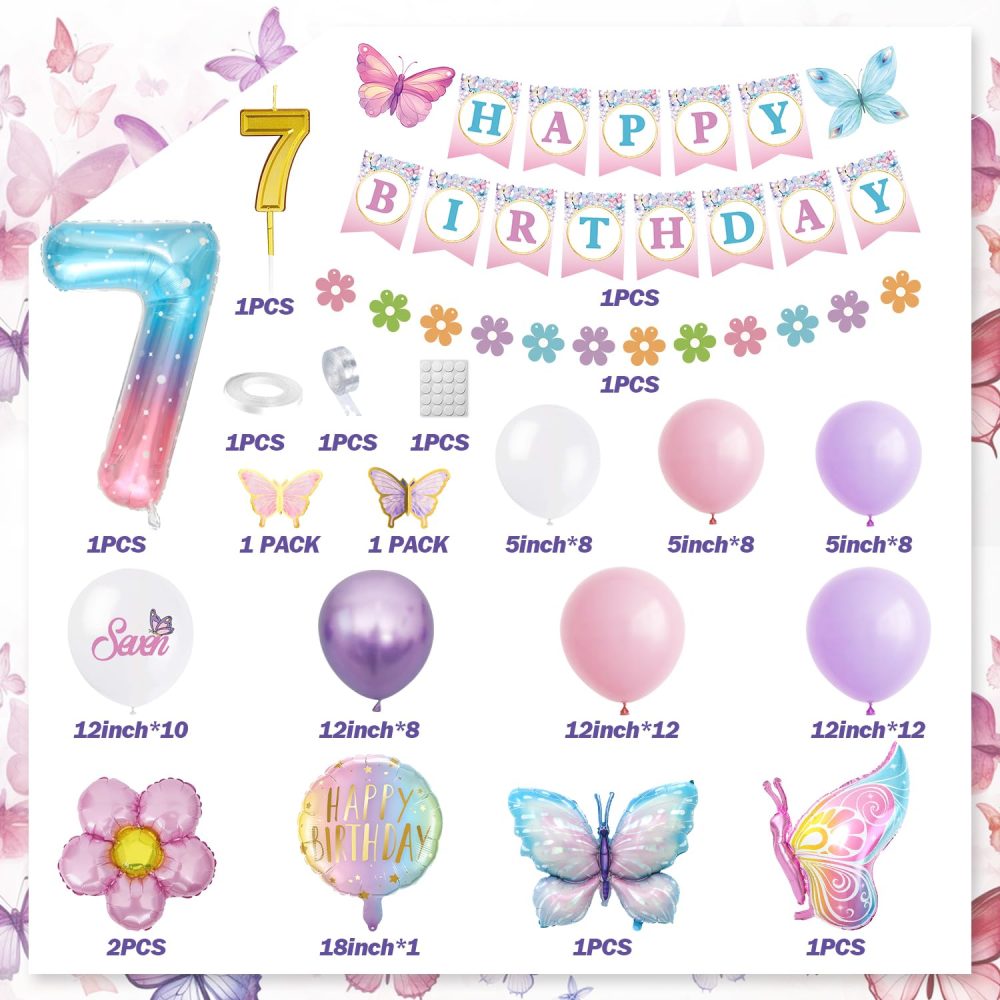 7th Birthday Decorations, Pink Purple Birthday Balloons, Butterfly Birthday Party Decorations, Set With Butterfly Foil Balloons, Butterfly Design Banner, Butterfly Sticker - Image 6