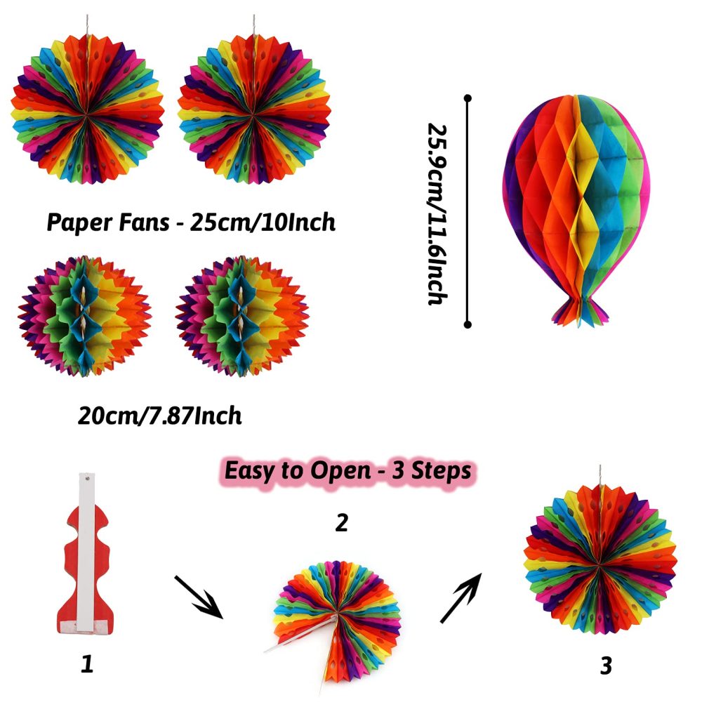 Recosis Party Decorations, Colourful Rainbow Foil Fringe Curtain Fiesta Hanging Paper Fans Pompoms Honeycomb Paper Hot air Balloon Garlands for Mexican Cinco De Mayo Taco Birthday Party Supplies - Image 6