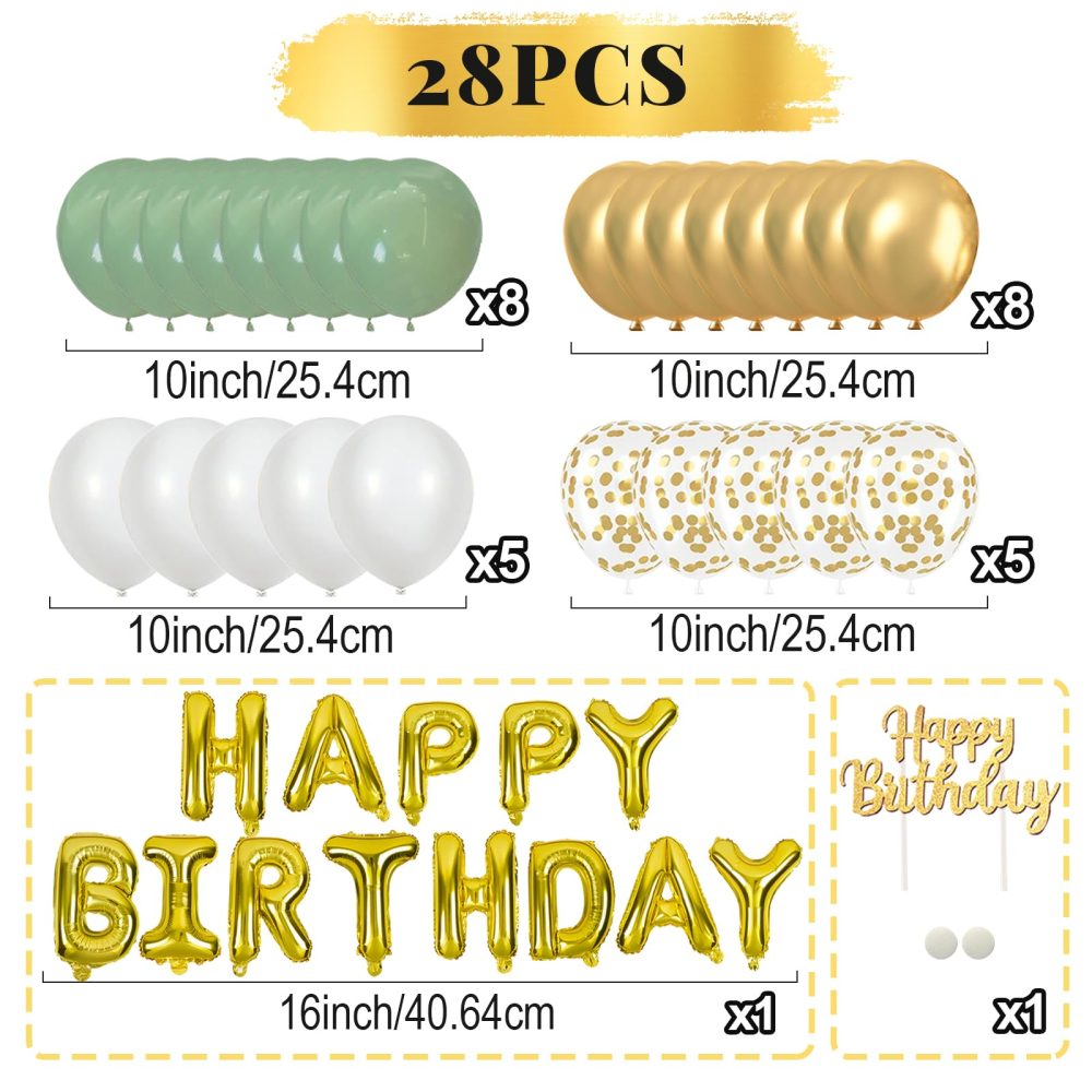 Sage Green Birthday Decorations Set, Happy Birthday Balloons with Sage Green White and Gold Balloons, Happy Birthday Banner and Cake Topper, Party Balloons for Birthday Party Decorations for Men Women - Image 8