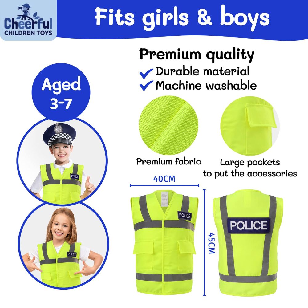 Cheerful Children Toys Kids Police Costume - 10 Pcs Police Officer Outfit Dress Up - Ideal for Boys & Girls Aged 3-7 - Include Vest & Hat - Kids Fancy Dress for Roleplay, Halloween, & STEM Learning - Image 7