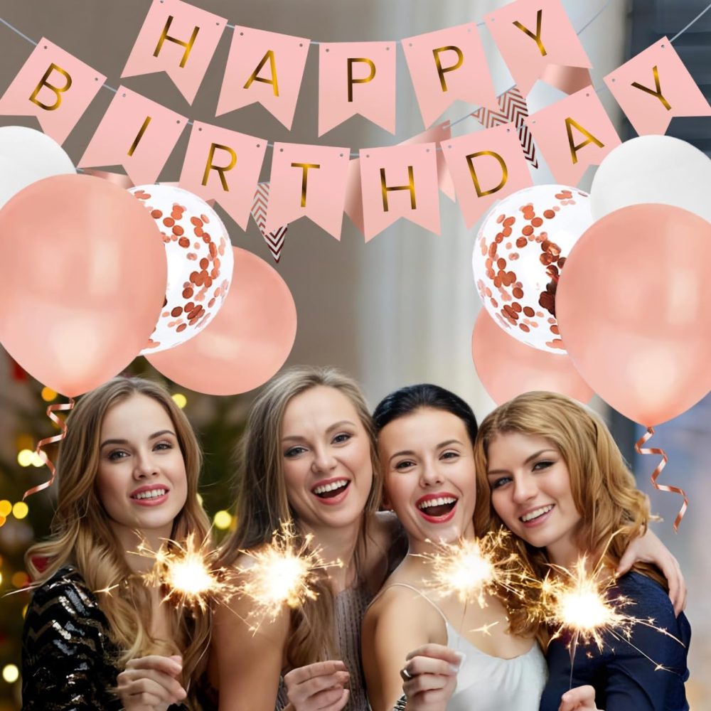 OHugs Happy Birthday Banner - Rose Gold Birthday Party Decorations for Women and Girls with 12 Inch Rose Gold, White, and Confetti Balloons - Happy Birthday Bunting Banner with Wall Hooks - Image 2