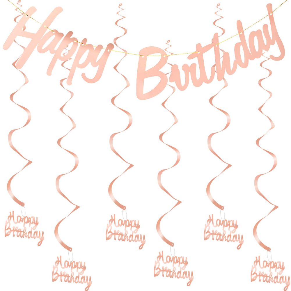 Rose Gold Happy Birthday Decorations Birthday Bunting Banner with 6 Pieces Hanging Swirl Happy Birthday Decorations Party Supplies for Women and Girls (Rose Gold)