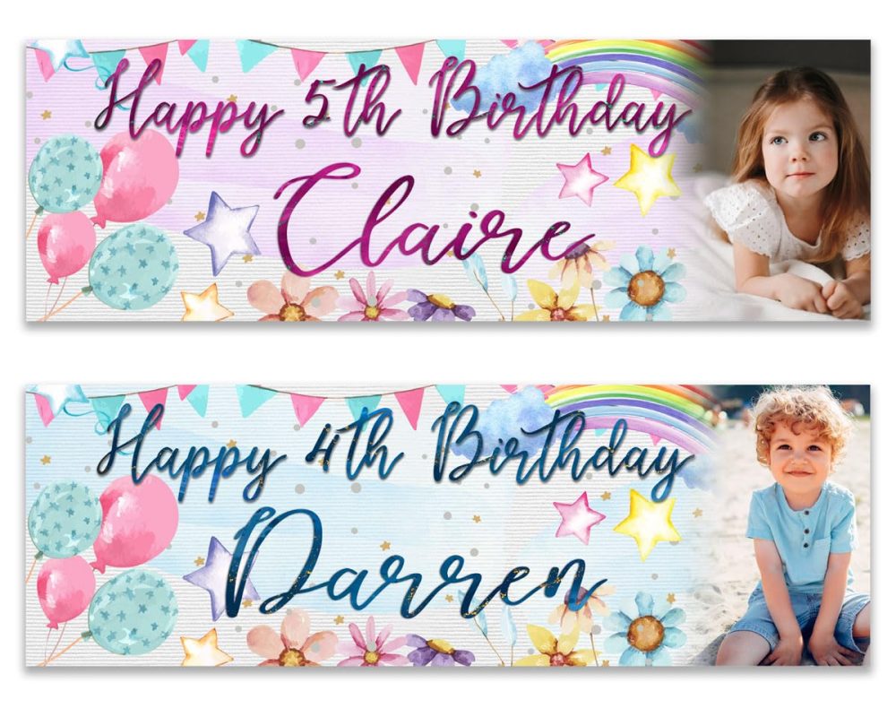 2 Personalised birthday banner photo rainbow star flower children party decoration blue pink woman girl man boy kids stars balloon celebration