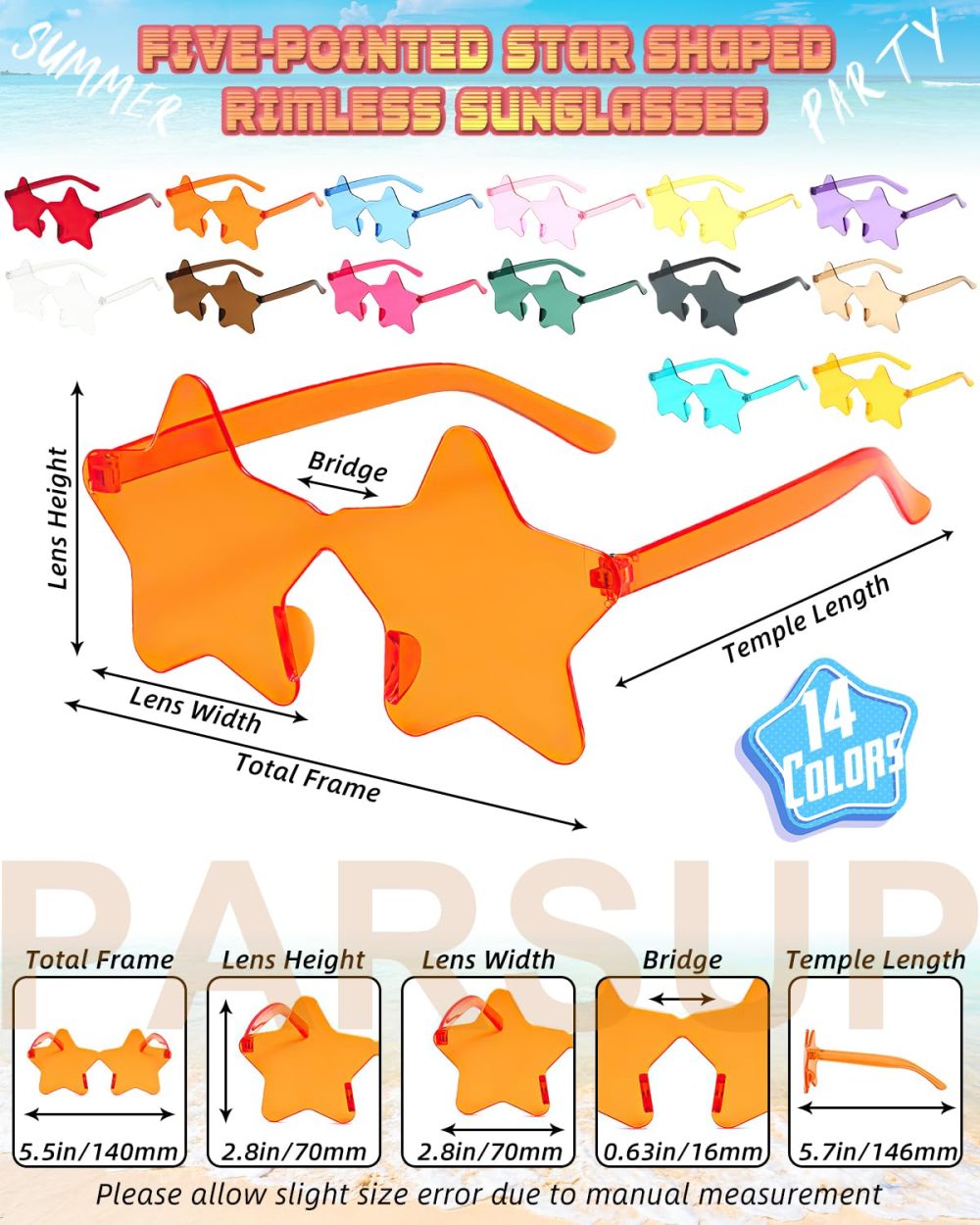 14 Pairs Star Shaped Rimless Sunglasses Frameless Star Sunglasses Transparent Candy Colour Glasses Tinted Eyewear Bachelorette Party Favours Photo Booth Props - Image 6