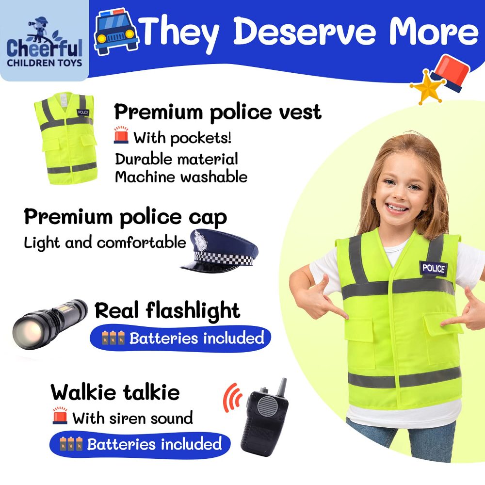 Cheerful Children Toys Kids Police Costume - 10 Pcs Police Officer Outfit Dress Up - Ideal for Boys & Girls Aged 3-7 - Include Vest & Hat - Kids Fancy Dress for Roleplay, Halloween, & STEM Learning - Image 6