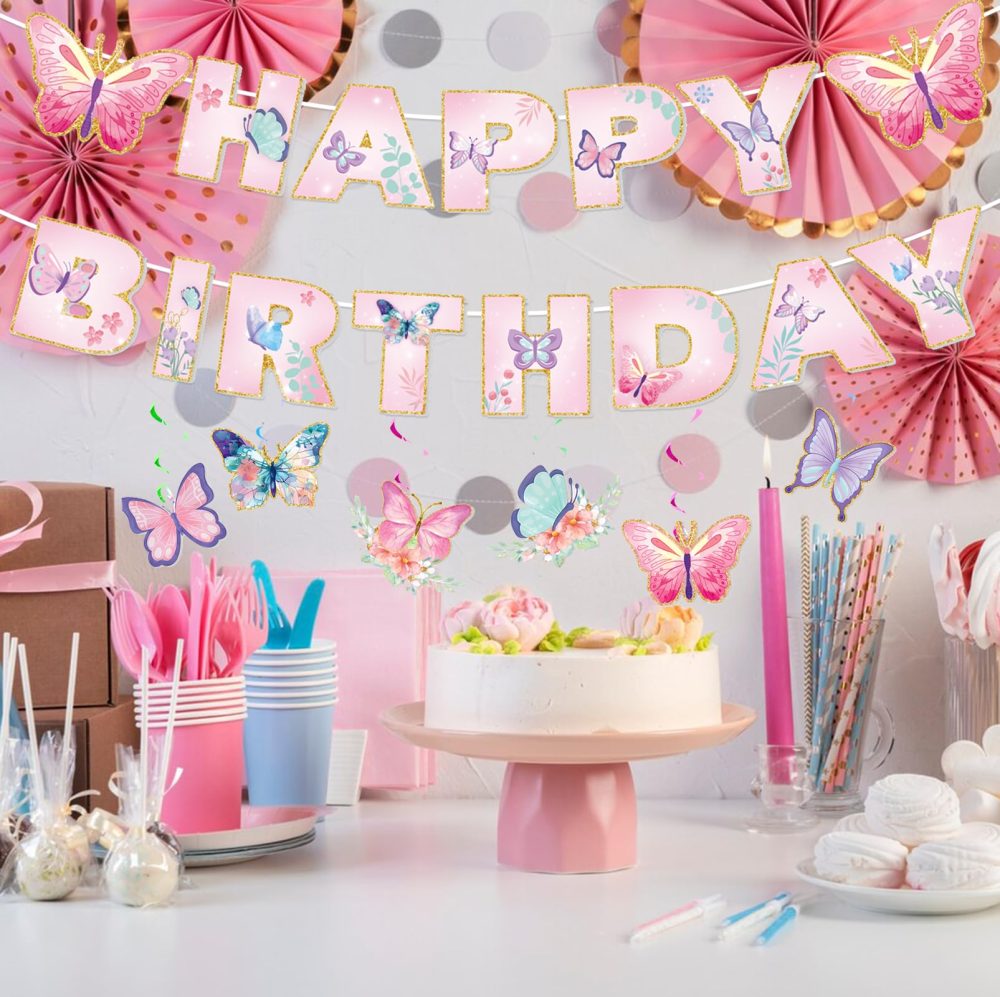Butterfly Birthday Decorations,Butterfly Decorations Butterflies Decorations Hanging Swirls Happy Birthday Banner Birthday Decoration for Women Birthday Decorations for Girls Birthday Girl Decoration - Image 5