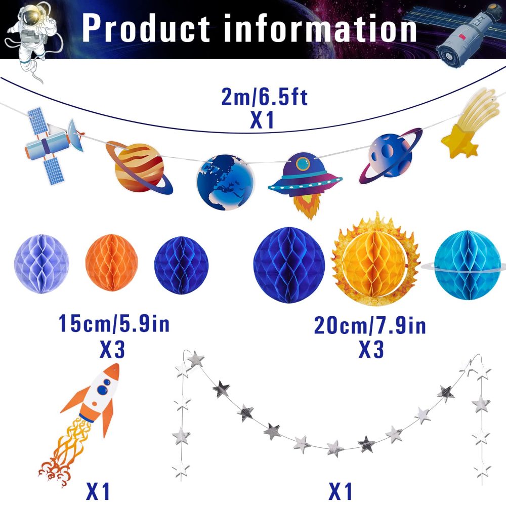SUNBEAUTY 14 PCS Outer Space Party Decorations Solar System Hanging Honeycomb Decorations Galaxy Party Supplies 3D Planets Space Birthday Party Ceiling Ornaments Decor with Banner and Stars - Image 7