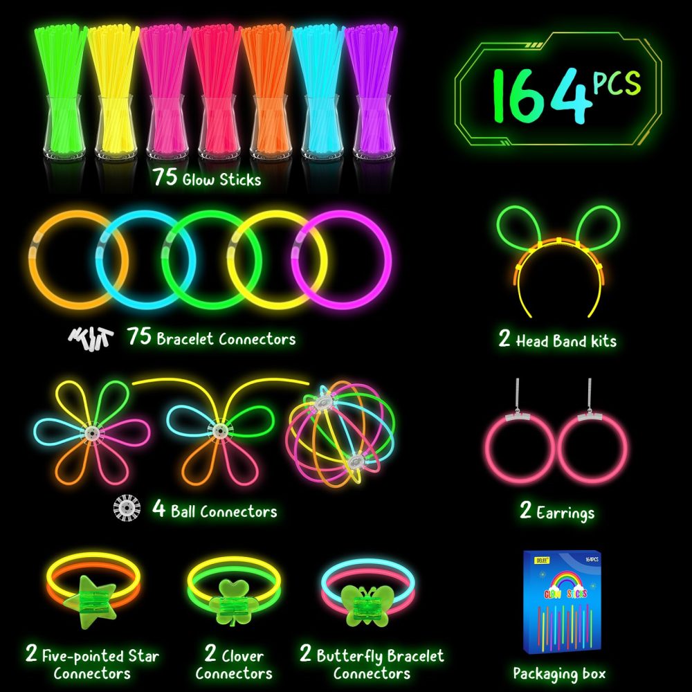 DELEE 164PCS Glow Sticks, Glowsticks Party Pack,Glow in Dark Party Supplies,with Bracelet Butterfly Connectors,Flower,Glow Neon Necklaces for Kids Party Festival,Halloween Decoration - Image 7