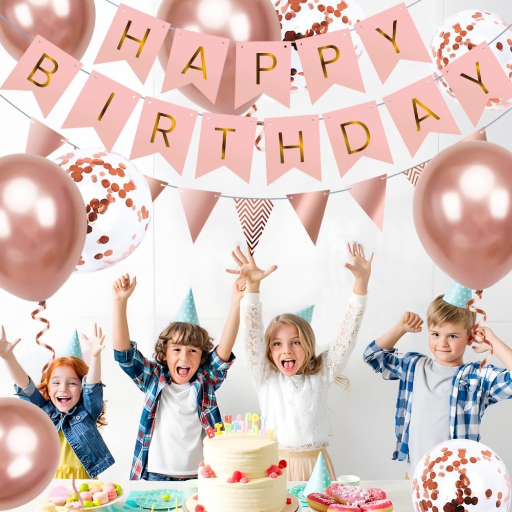OHugs Happy Birthday Banner - Rose Gold Birthday Party Decorations for Women and Girls with 12 Inch Metallic Rose Gold Balloons and Confetti Balloons - Happy Birthday Bunting Banner with Wall Hooks - Image 4