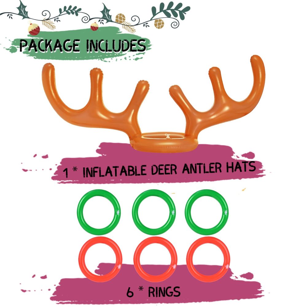 Faburo 7 PCS Christmas Party Toss Game Set Inflatable Reindeer Antler Hat, 6 Inflatable Rings 1 Antler for Kids Adults Christmas Eve Box Fillers Family Fun Games - Image 2
