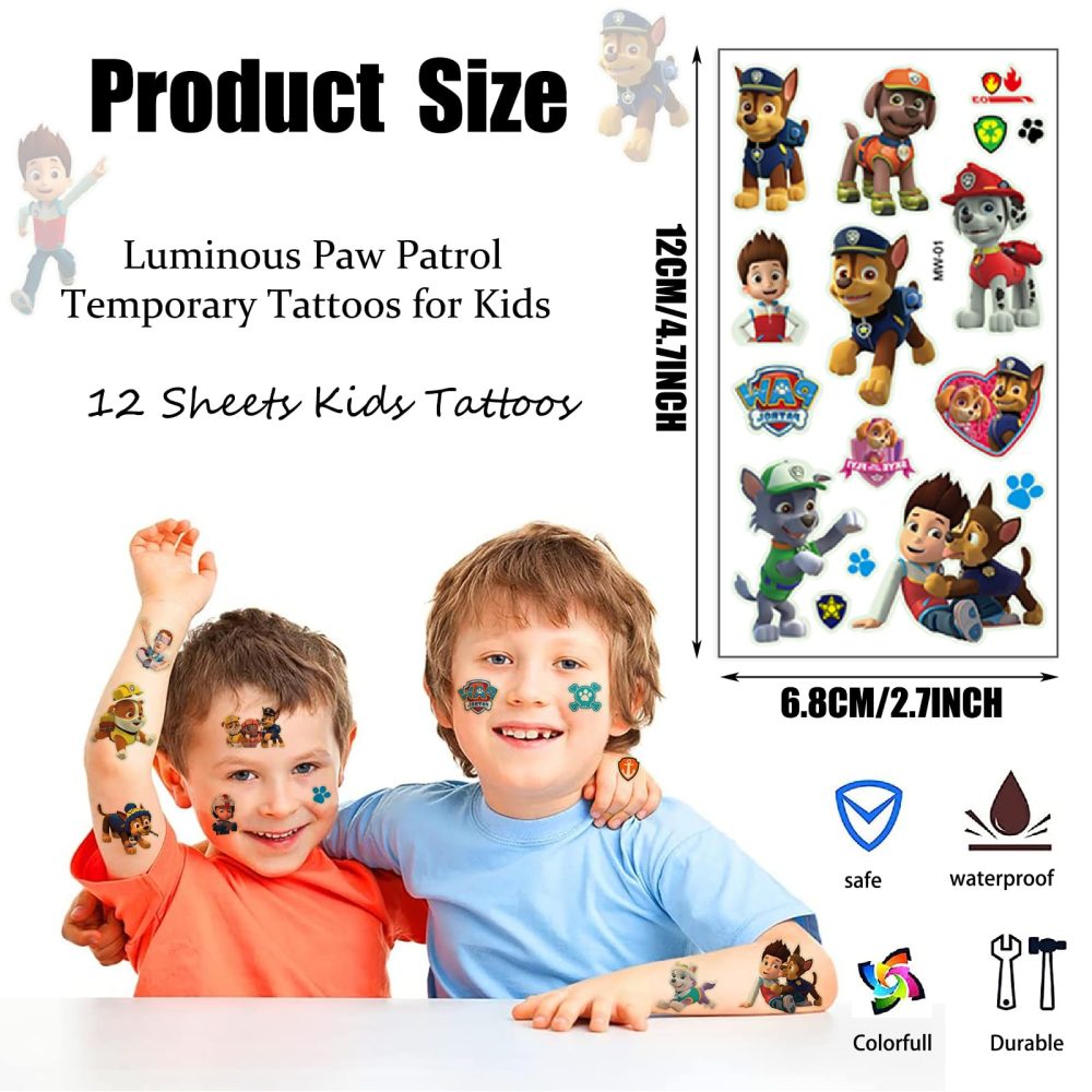Tattoos for Kids 12 Sheets, Luminous Paw Patrol Temporary Tattoos,Glow In Dark Children Tattoos,Kids Tattoos Stickers for Boys Girls Party Bag Fillers Birthday Party Favours Games Stuff Supplies - Image 3