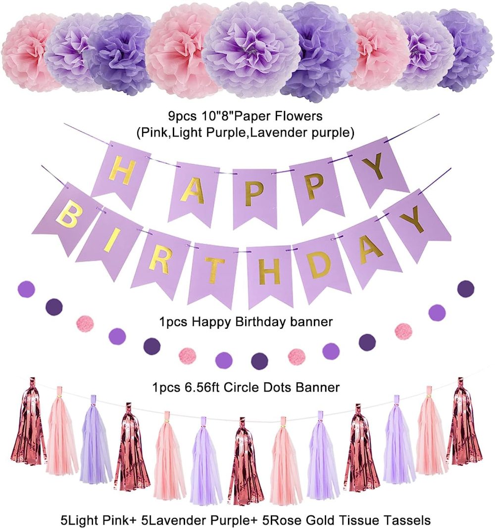 Purple Birthday Decorations for Women Girl Butterfly Theme Birthday Party Supplies 66Pcs Pink and Purple Balloons Pastel Macaron Dreamly Circle Dots Banner Butterfly Hanging Swirl Paper Lanterns Pom - Image 7