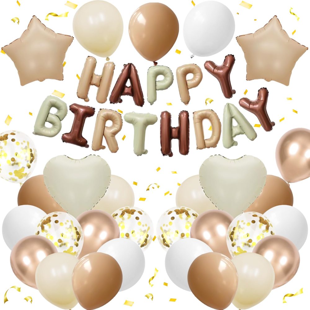 White Sand Gold Brown Birthday Decorations for Men Women Kids,White Sand Brown Gold Nude Balloons Boho Happy Birthday Balloons Banner Confetti Balloons for Birthday Baby Shower Party Decorations
