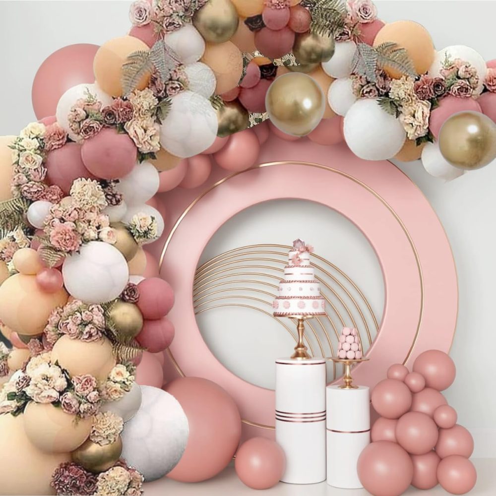 AL-Mustarziq Apricot Pink Rose Gold Balloon Arch Kit with Baloon Pump- 135pc Dusty Pink Balloons Garland with Retro Pink, Cream and Gold Balloons, Arch Tape, Glue Dots For Hen Party Decoration