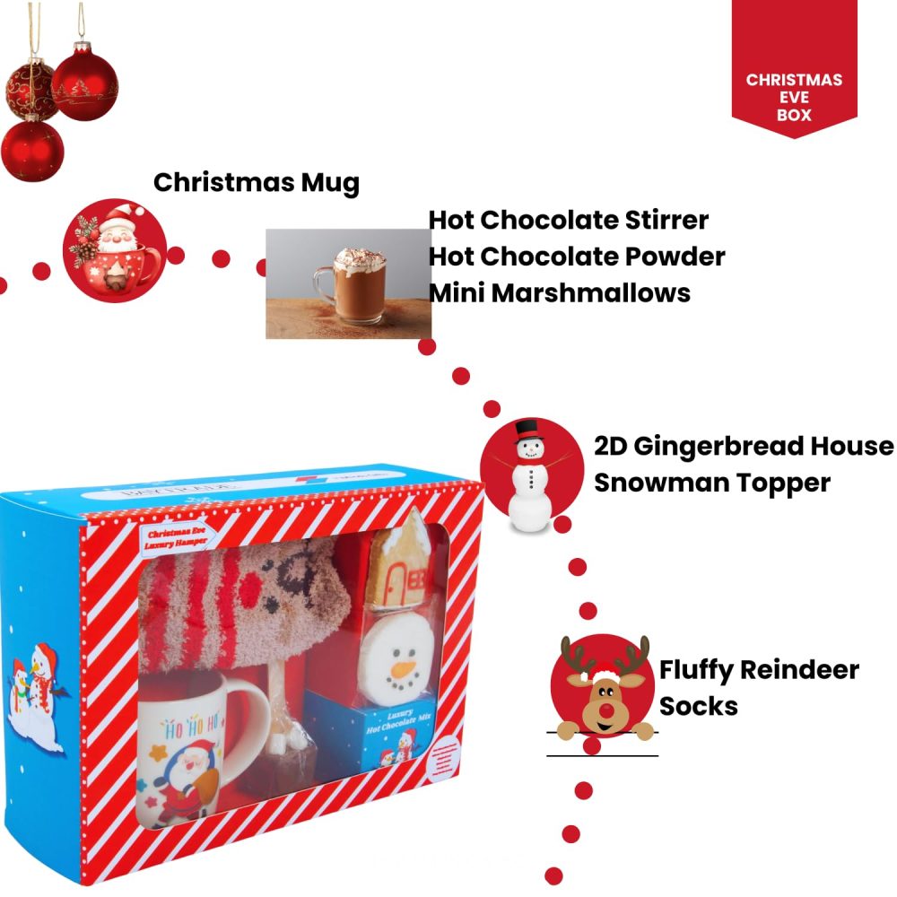 Christmas Eve box for Kids Adults - Luxury Hot Chocolate Hamper -Red and White Candy Canes, Santa Mug, Gingerbread Man, Instant Hot Chocolate Powder, Warm Socks, Toppers, Stirrer - Xmas Gifts Boy Girl - Image 5