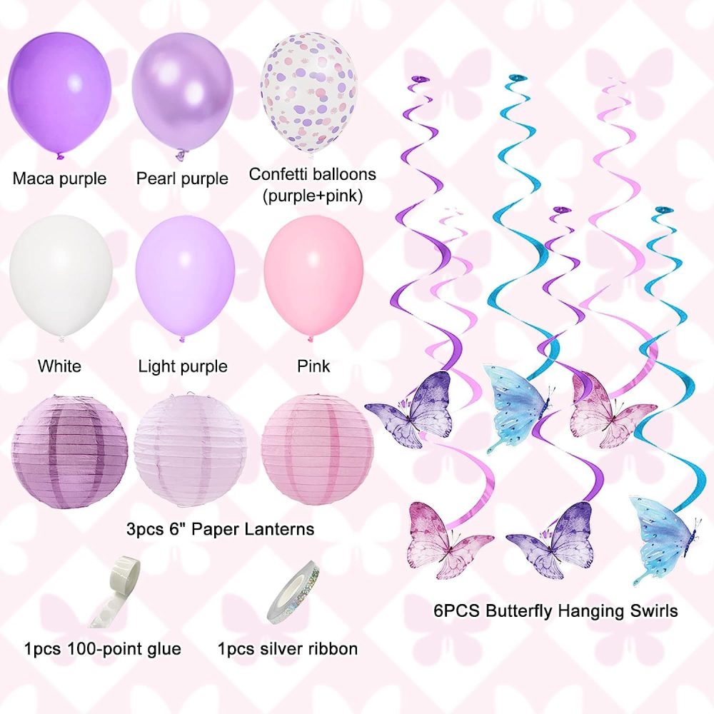 Purple Birthday Decorations for Women Girl Butterfly Theme Birthday Party Supplies 66Pcs Pink and Purple Balloons Pastel Macaron Dreamly Circle Dots Banner Butterfly Hanging Swirl Paper Lanterns Pom - Image 6