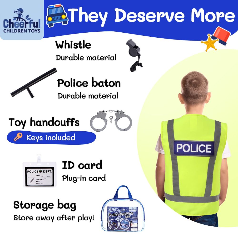 Cheerful Children Toys Kids Police Costume - 10 Pcs Police Officer Outfit Dress Up - Ideal for Boys & Girls Aged 3-7 - Include Vest & Hat - Kids Fancy Dress for Roleplay, Halloween, & STEM Learning - Image 5