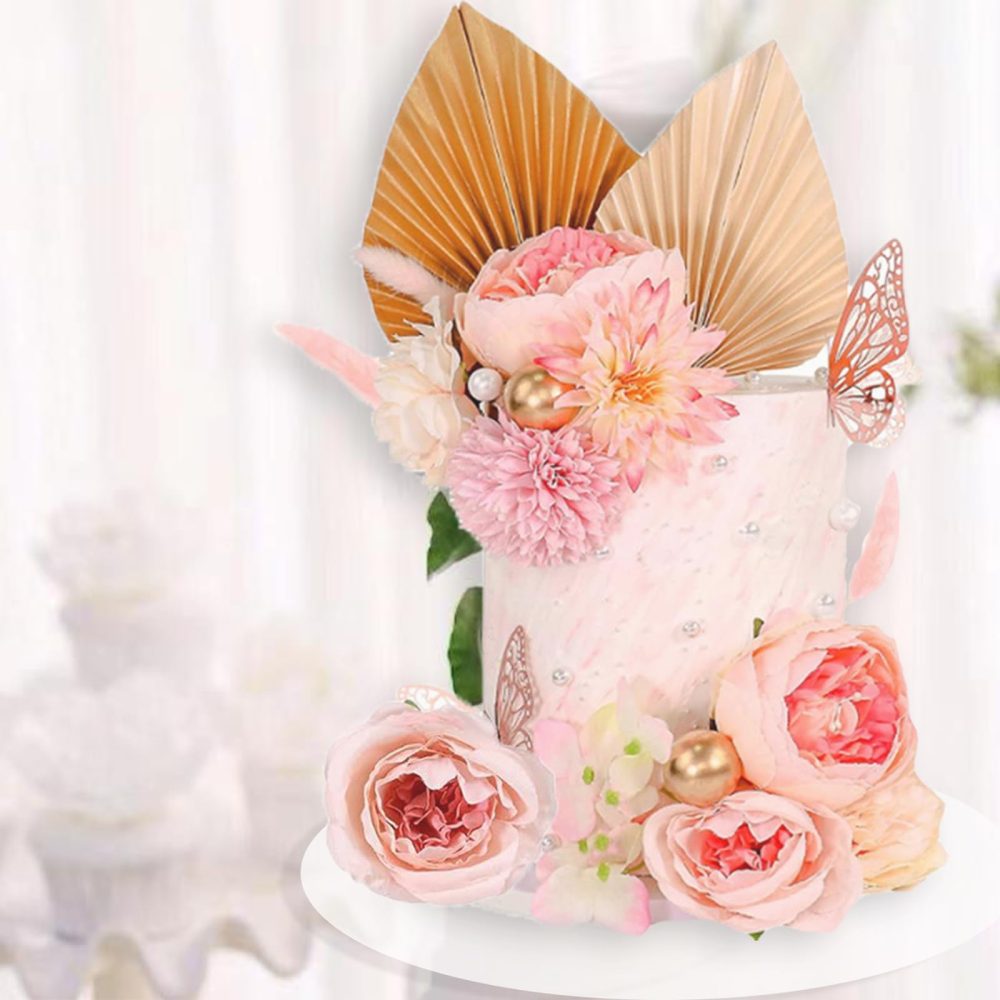 22 Pcs Cake Decoration Pink Cake Decorations with Paper Palm Fan and Butterfly Artificial Rose Flowers Cake Toppers Boho Cake Picks for Birthday Wedding Anniversary(Pink) - Image 3
