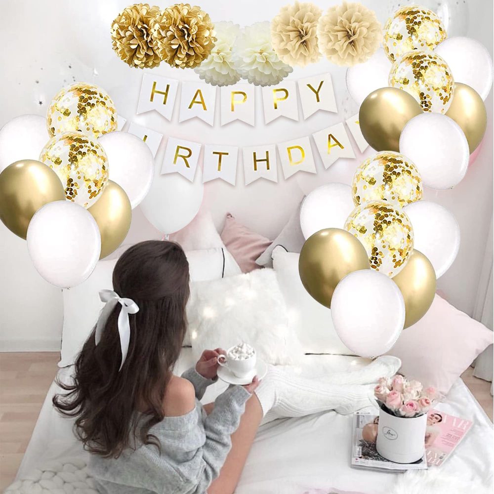 NiCoLa Gold and White Birthday Party Decorations Set, Happy Birthday Decorations including Happy Birthday banner, Tissue Paper Poms, Latex Balloon, Glitter Garlands, Hanging Swirls Party Decorations - Image 2