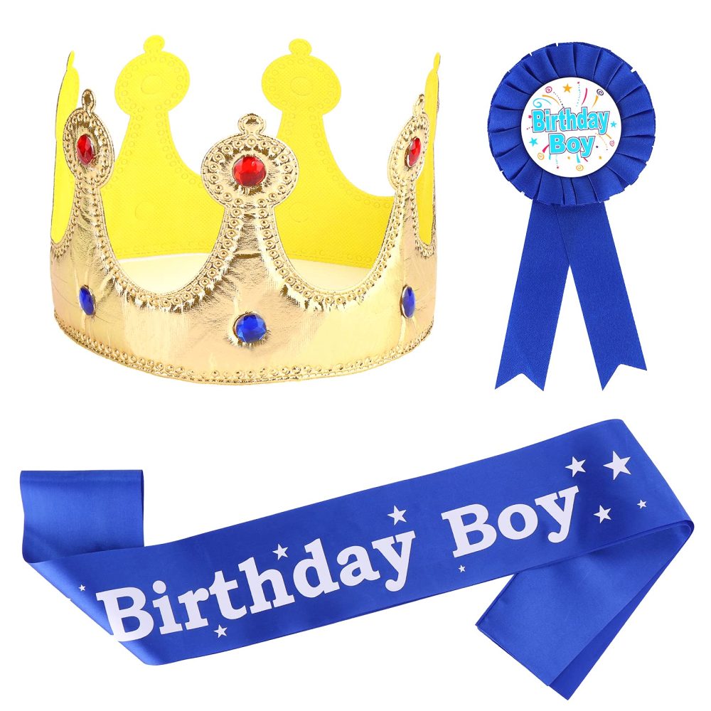 ASTER Birthday King Crown, Birthday Boy Sash and Button Pins - Birthday Boy Party Decoration, Boys Birthday Party Dress-Up Set