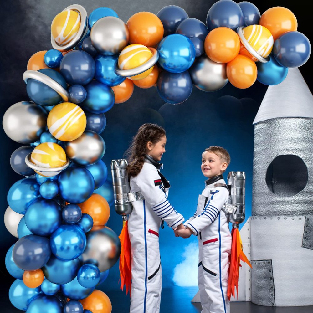 Blue Balloon Arch Kit, Navy Blue Orange Yellow Latex Balloon Garland Kit with Metallic Blue Silver Balloons and Yellow Marble Agate Balloons for Boys Outer Space Birthday Baby Shower Party Decorations - Image 4