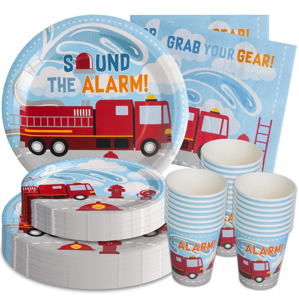 Firetruck Birthday Decorations (Serves 24) Dinner Plates, Dessert Plates, Cups, Napkins. Firefighter Birthday Party Supplies for Kids, Boys, Girls and More