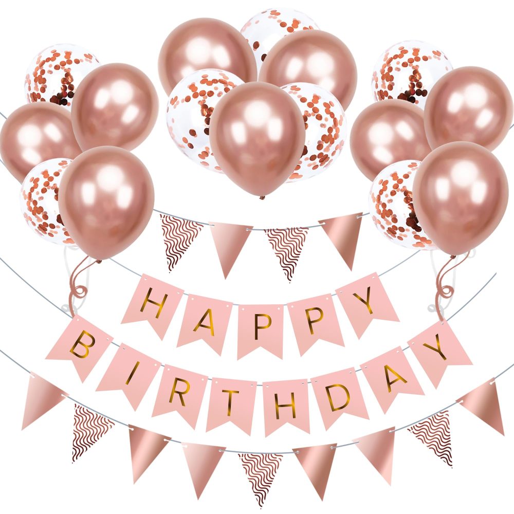 OHugs Happy Birthday Banner - Rose Gold Birthday Party Decorations for Women and Girls with 12 Inch Metallic Rose Gold Balloons and Confetti Balloons - Happy Birthday Bunting Banner with Wall Hooks