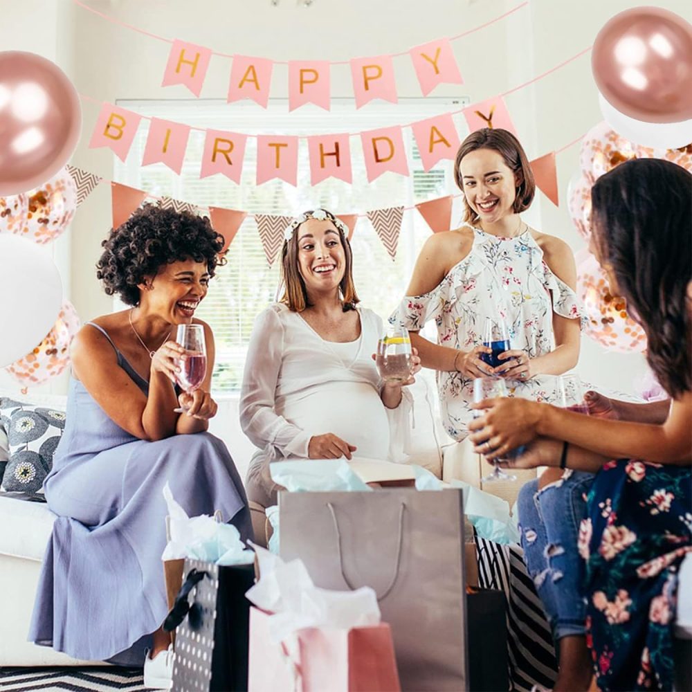 Buygain Happy Birthday Banner and Bunting, Rose Gold Birthday Decoration 12inch Happy Birthday Balloons, Ribbons and Birthday Banners, Wall Hooks, A Perfect Happy Birthday Decorations. - Image 4