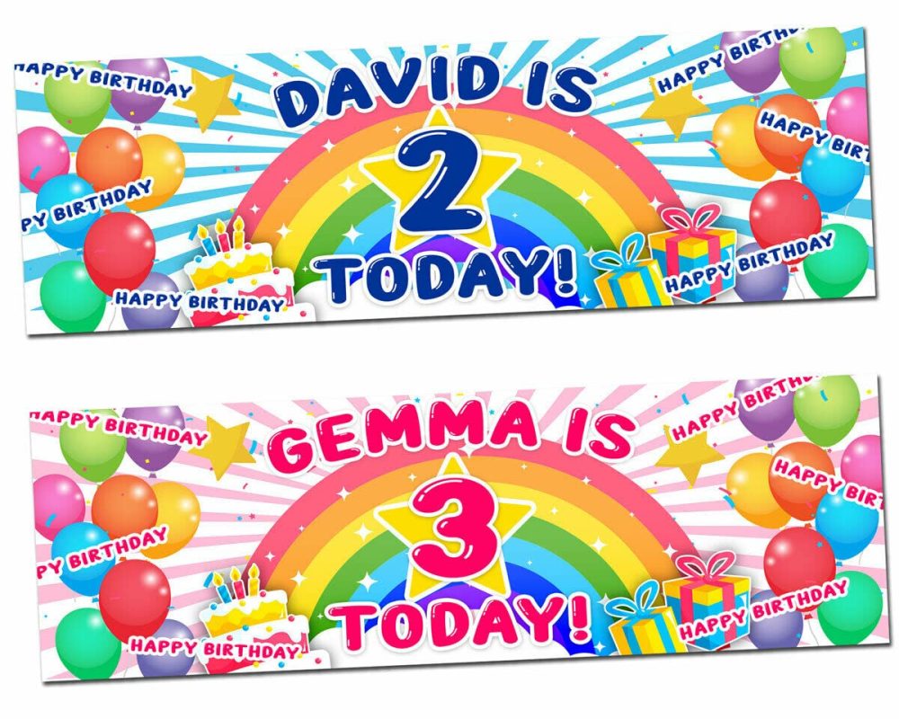 2 personalised birthday banner rainbow children kids children baby balloon stars confetti party 1st birthday decorations posters