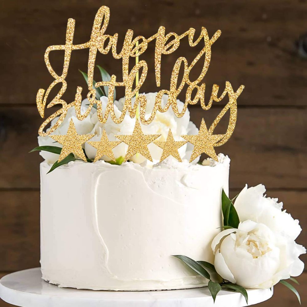 iZoeL Gold Cake Decoration Gold Cake Topper Happy Birthday Stars Cake Topper for Man Boys Women Girls Gold Theme Birthday Party Decor - Image 4