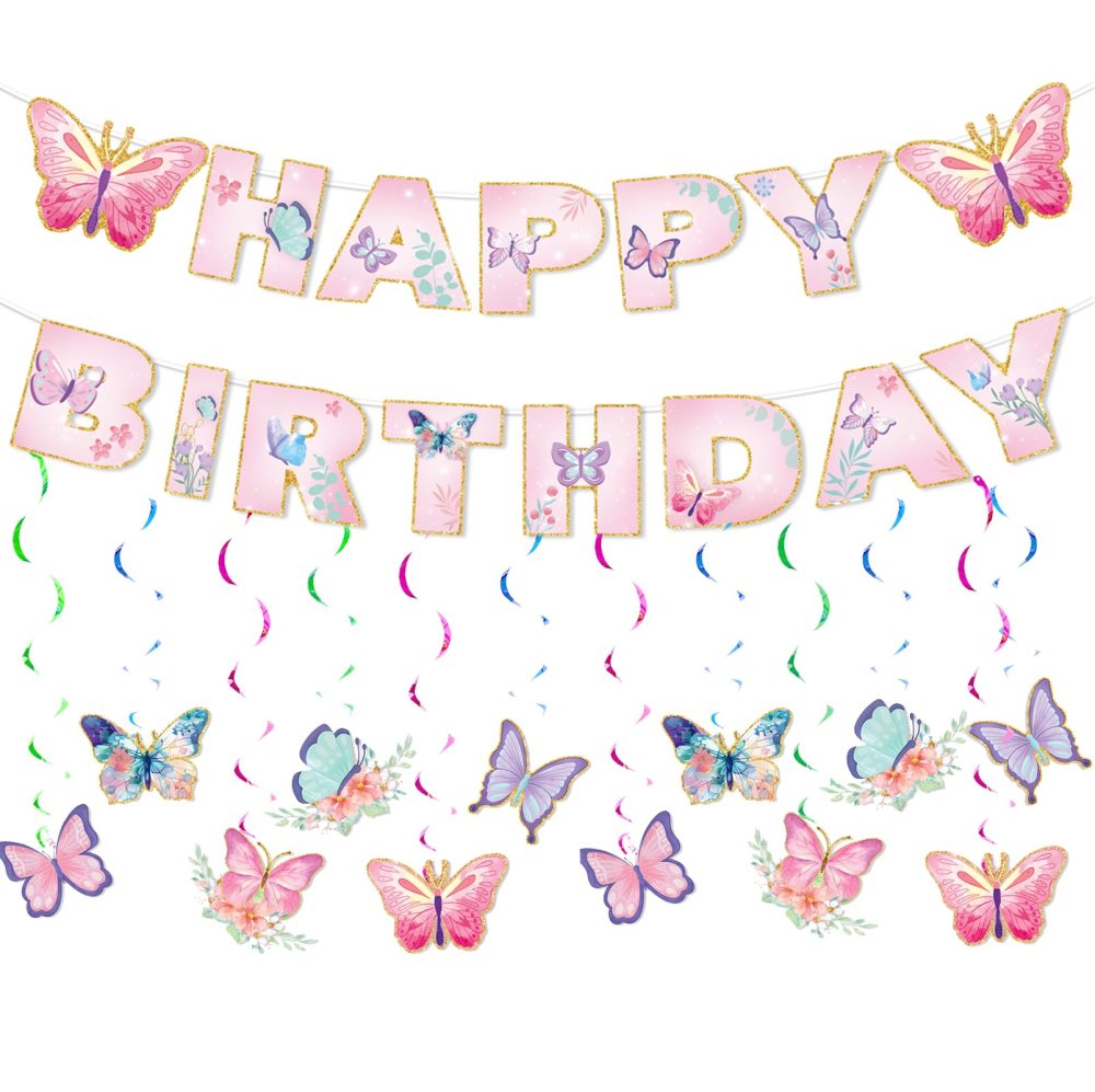 Butterfly Birthday Decorations,Butterfly Decorations Butterflies Decorations Hanging Swirls Happy Birthday Banner Birthday Decoration for Women Birthday Decorations for Girls Birthday Girl Decoration
