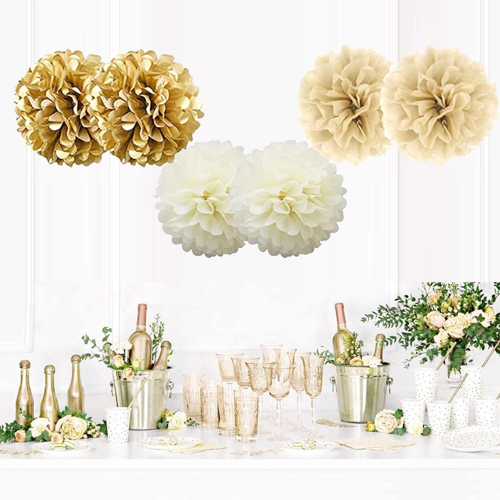 NiCoLa Gold and White Birthday Party Decorations Set, Happy Birthday Decorations including Happy Birthday banner, Tissue Paper Poms, Latex Balloon, Glitter Garlands, Hanging Swirls Party Decorations - Image 5