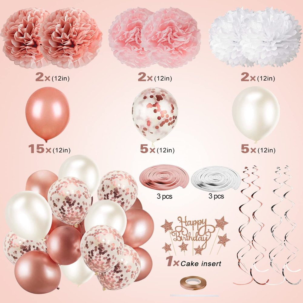Rose Gold and Pink Birthday Party Decorations Set with Happy Birthday Banner,DIY Cake Topper,Circle Dots Garland,Hanging Swirls,Tissue Paper Pompoms,Paper Tassels Garland,Confetti Balloons - Image 4