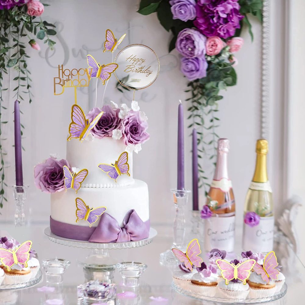 OWill 22-Pieces Butterfly Cake Decorations with Happy Birthday Acrylic Cake Toppers for Baby Shower Wedding Birthday Party Decor (Purple & Pink) - Image 3