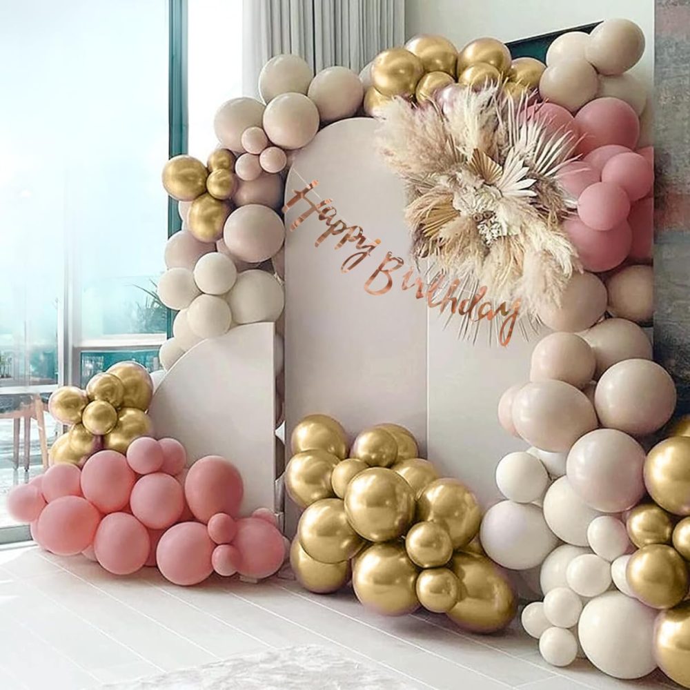 AL-Mustarziq Apricot Pink Rose Gold Balloon Arch Kit with Baloon Pump- 135pc Dusty Pink Balloons Garland with Retro Pink, Cream and Gold Balloons, Arch Tape, Glue Dots For Hen Party Decoration - Image 5
