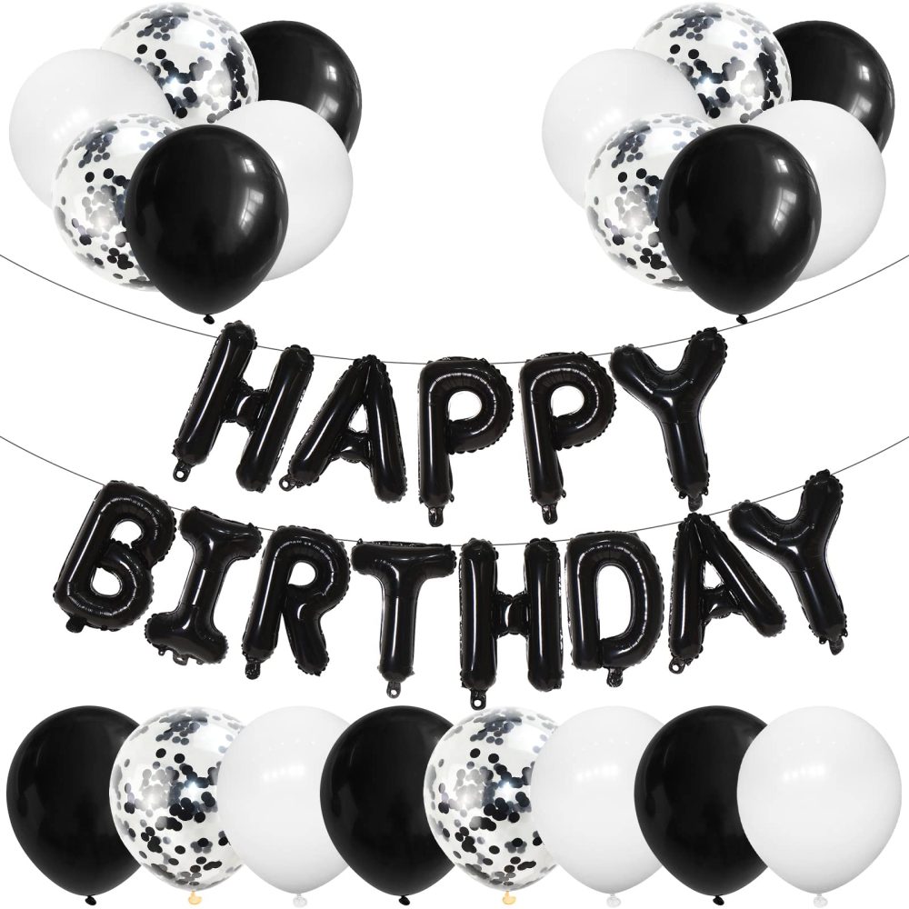Happy Birthday Banner Black and White Balloons Birthday Decorations, 20pcs Latex Balloons with Black Confetti Balloons, 16 inch "Happy Birthday" Foil Balloons for Boys Girls Men Women Party Supplies