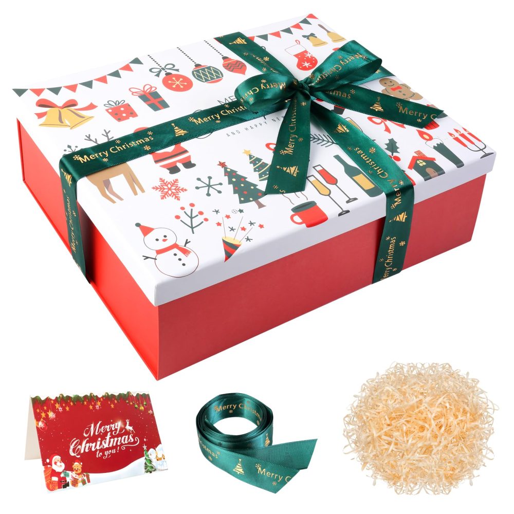 Christmas Boxes with Lids Large Christmas Eve Gift Boxes Christmas Eve Box, 280 X 207 X 100 mm Gift Boxes for Presents, Empty Christmas Box with Ribbon Card for Christmas Party Favor Supplies
