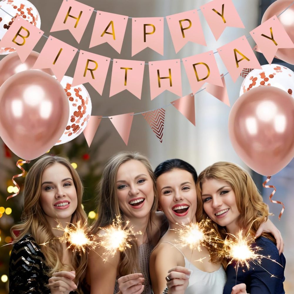 OHugs Happy Birthday Banner - Rose Gold Birthday Party Decorations for Women and Girls with 12 Inch Metallic Rose Gold Balloons and Confetti Balloons - Happy Birthday Bunting Banner with Wall Hooks - Image 3