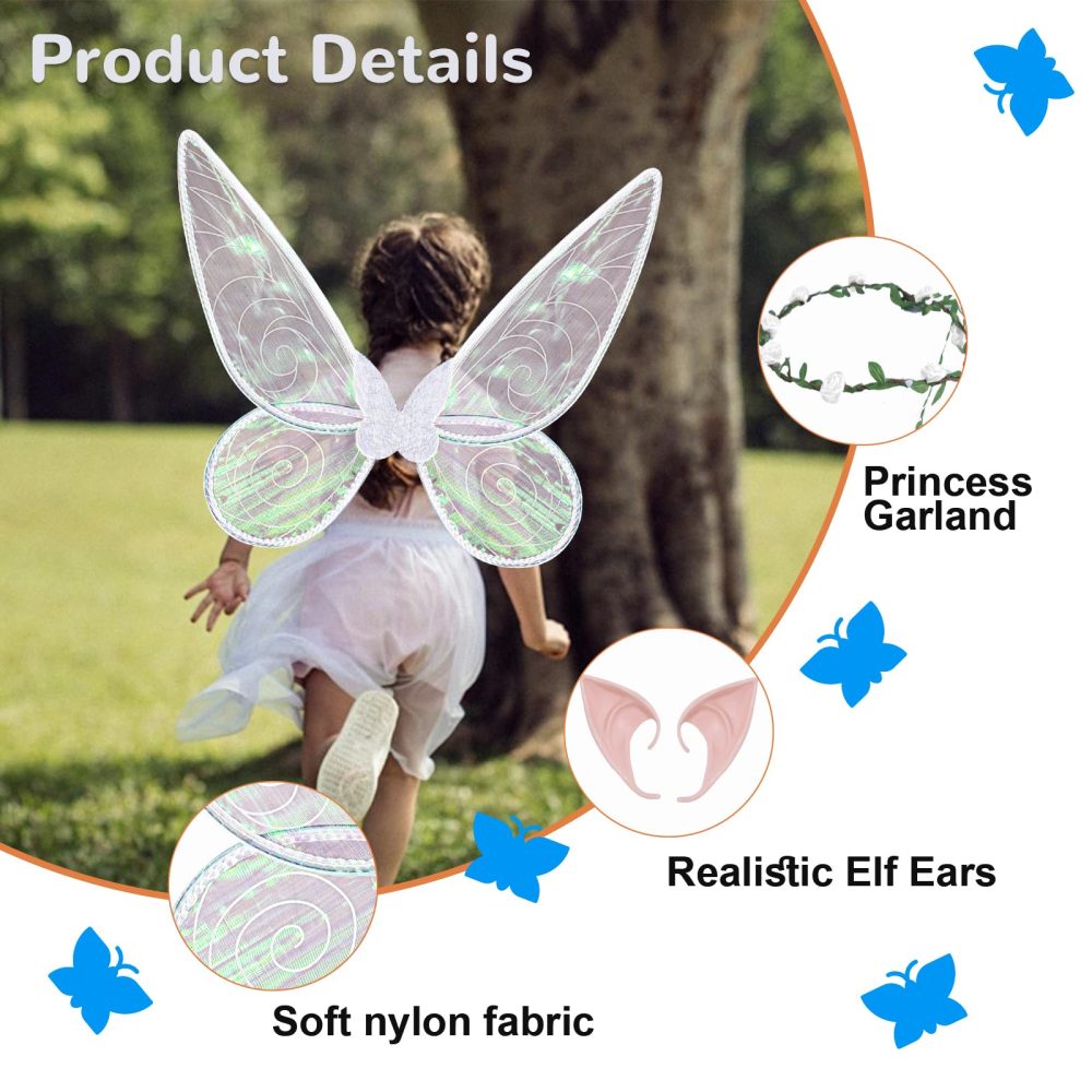 Fairy Wings for Girls Women,Butterfly Wings for Adults, Halloween Costume Angel Wings with Headband Elf Ears Dress Up Cosplay Party (White) - Image 3