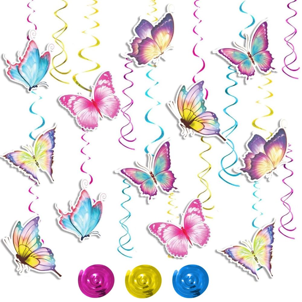 NICKLIN Butterfly Decorations 56pcs Butterfly Birthday Decorations,Butterfly Hanging Swirls Decorations,Butterfly Party with Glitter Paper Flowers for Home Classroom Baby Birthday Garden Themes