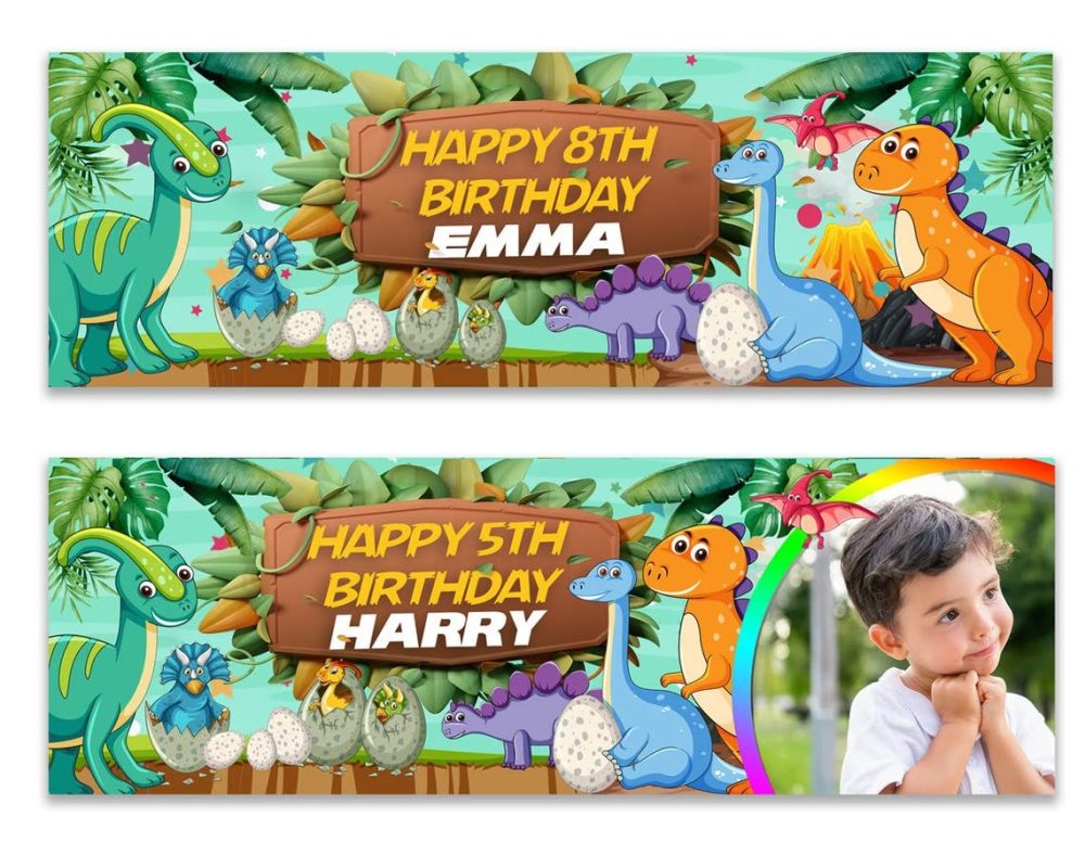 2 Personalised Birthday banner photo Dinosaur volcano boy girl Children kids Party celbration Poster Decoration- any age, any name
