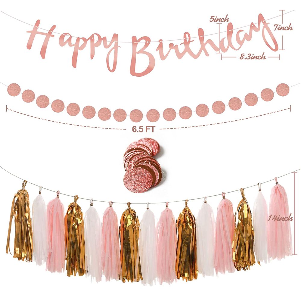 Rose Gold and Pink Birthday Party Decorations Set with Happy Birthday Banner,DIY Cake Topper,Circle Dots Garland,Hanging Swirls,Tissue Paper Pompoms,Paper Tassels Garland,Confetti Balloons - Image 5