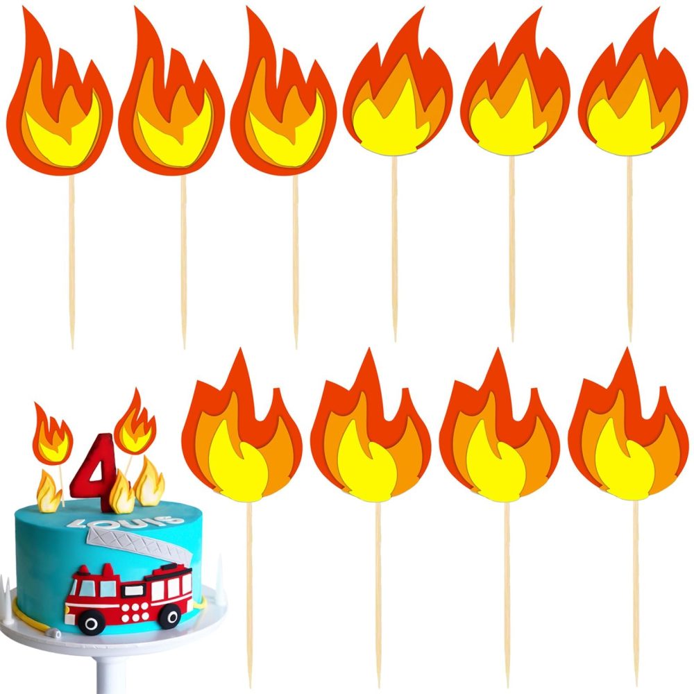 10 PACK Fire Truck Cake Topper, Fire Truck Birthday Party Supplies, Fire Cake Pick Fire Flame Cake Decorations, Paper Cards and Wooden Sticks Fake Campfire, Fire Truck Party Supplies