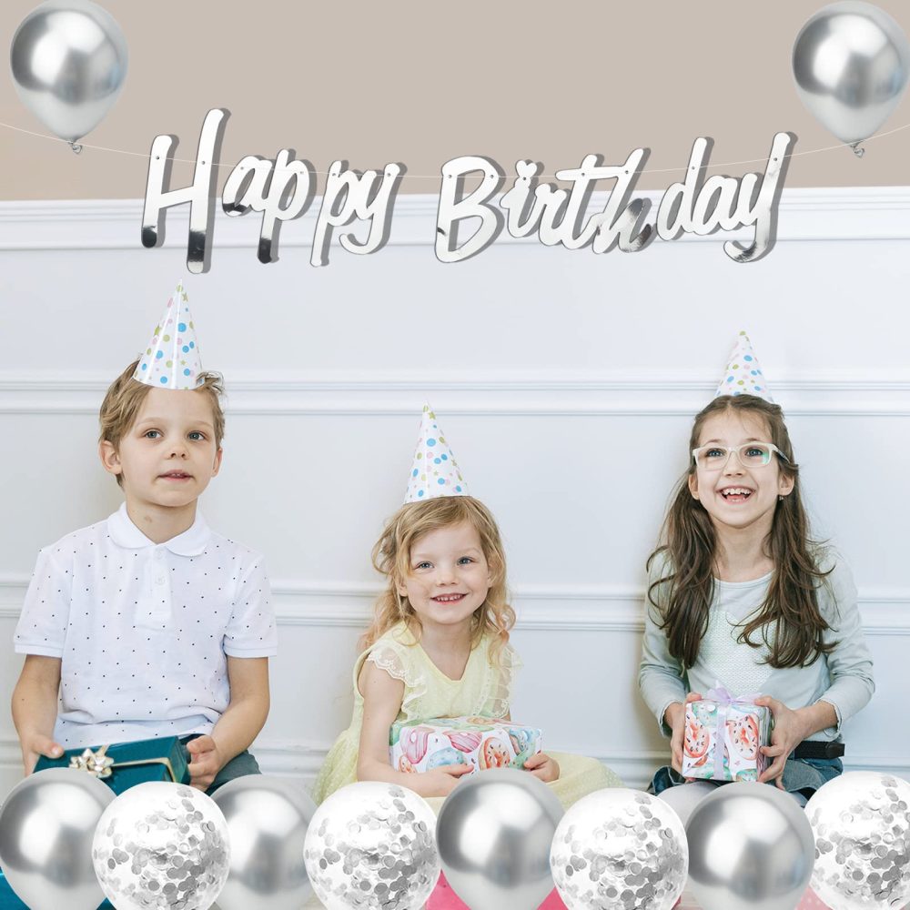 Happy Birthday Balloons, Silver Happy Birthday Balloons Banner Party Decoration, Birthday Banner Foil Balloons Self Inflating with Latex Balloons Confetti Balloons for Happy Birtyday Decorations. - Image 5