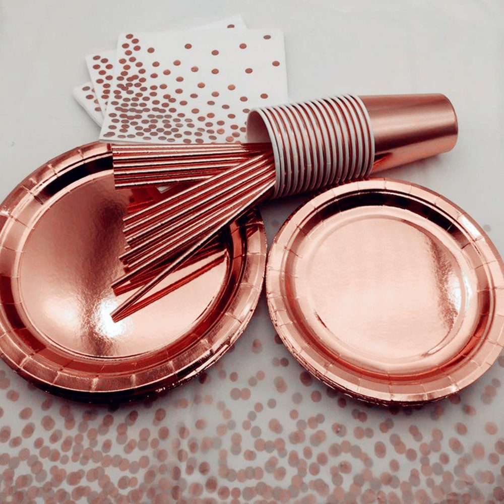 TOPWAYS Rose Gold Birthday Decorations Party Tableware Set, Disposable Paper Party Plates Cups Napkins Tablecloth Decorations for Kids Women Men Birthday, Weddings, Picnics, Anniversary (16 Guests) - Image 2
