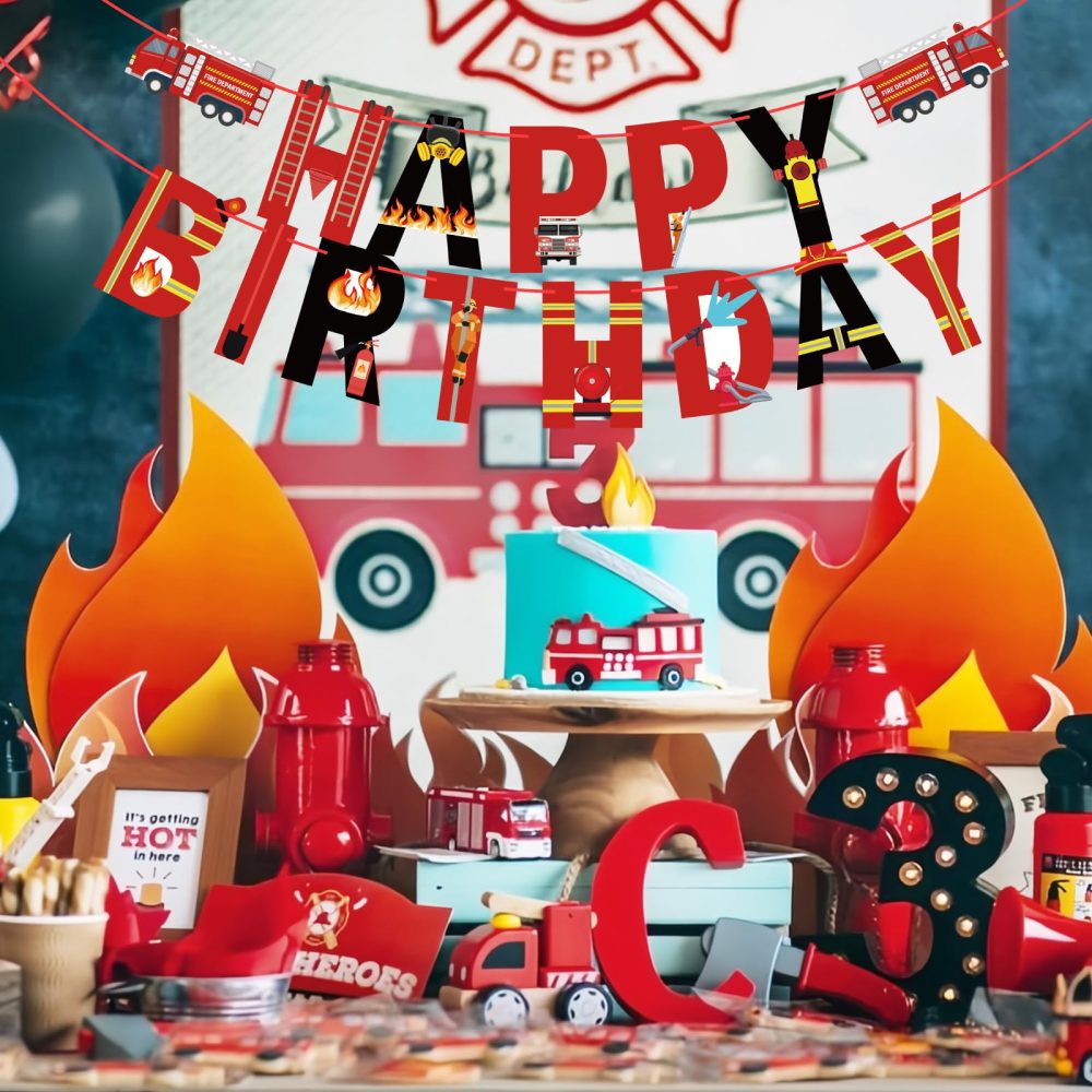 Fire Truck Happy Birthday Banner Sign, Fire Engine Rescue Birthday Bunting Banner Flag Garland for Kids Boys Fire Truck Birthday Party Carnival Party Decorations Supplies - Image 8