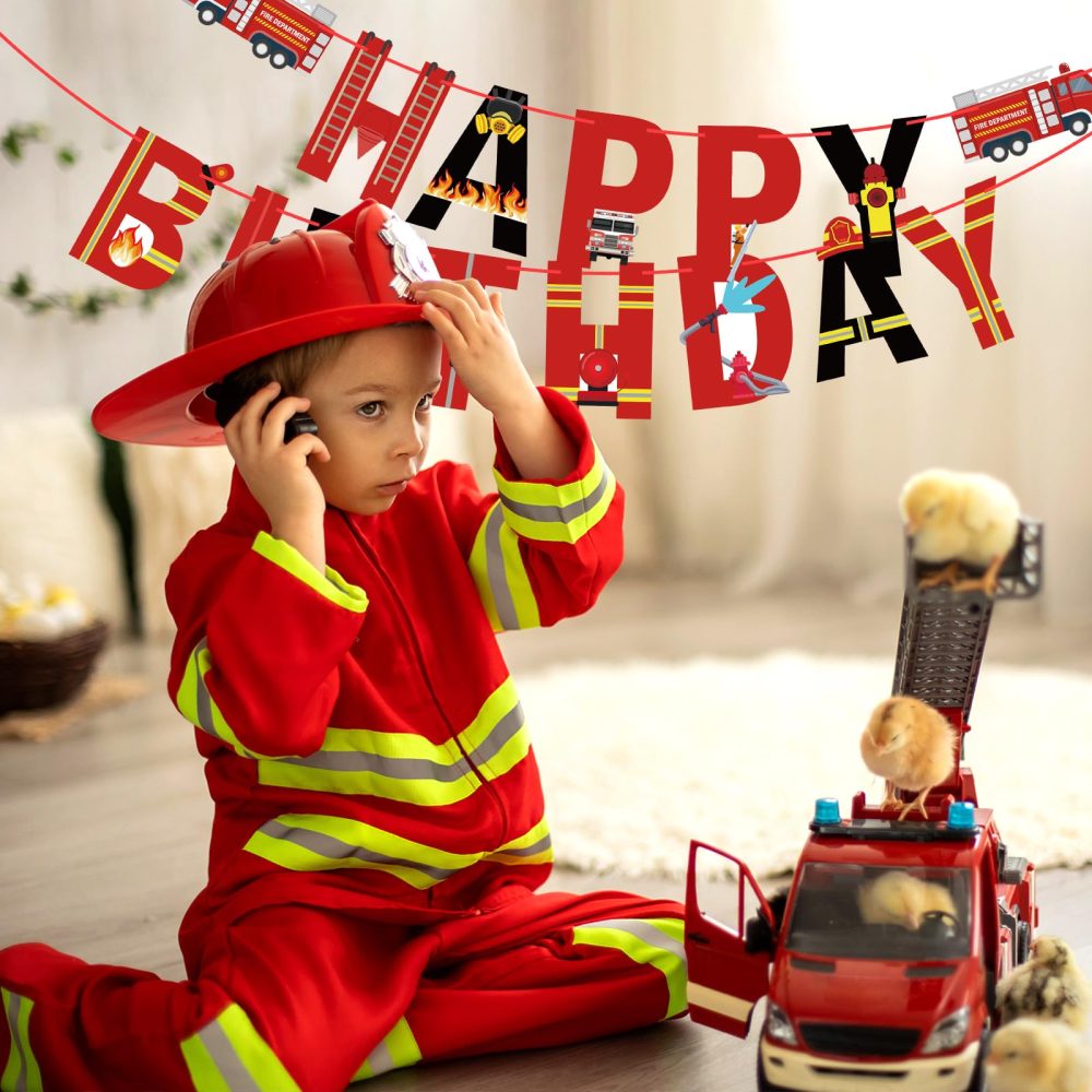 Fire Truck Happy Birthday Banner Sign, Fire Engine Rescue Birthday Bunting Banner Flag Garland for Kids Boys Fire Truck Birthday Party Carnival Party Decorations Supplies - Image 7