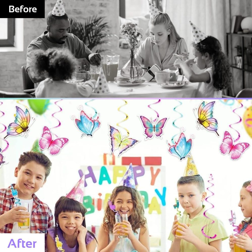 NICKLIN Butterfly Decorations 56pcs Butterfly Birthday Decorations,Butterfly Hanging Swirls Decorations,Butterfly Party with Glitter Paper Flowers for Home Classroom Baby Birthday Garden Themes - Image 6