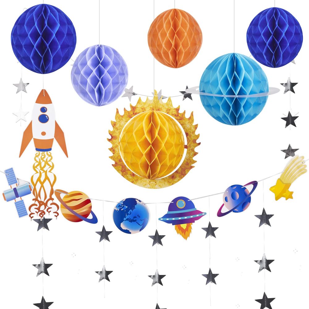SUNBEAUTY 14 PCS Outer Space Party Decorations Solar System Hanging Honeycomb Decorations Galaxy Party Supplies 3D Planets Space Birthday Party Ceiling Ornaments Decor with Banner and Stars - Image 2