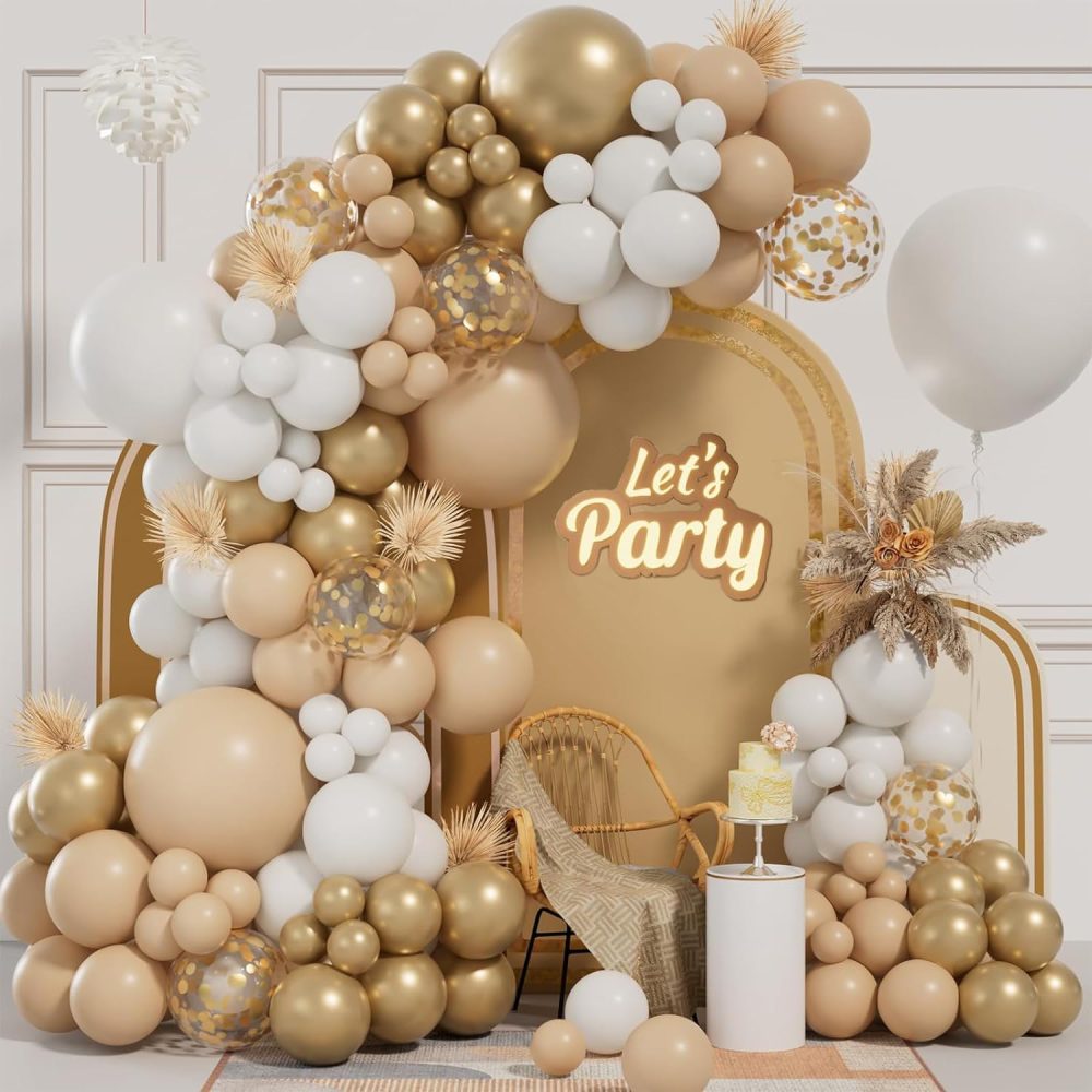 161pcs White and Gold Balloons Arch Kit, White Sand Gold Balloon Garland with Nude Sand White Balloons Gold Confetti Balloon for Birthday Party Decoration Anniversary Party Backdrop Decoration